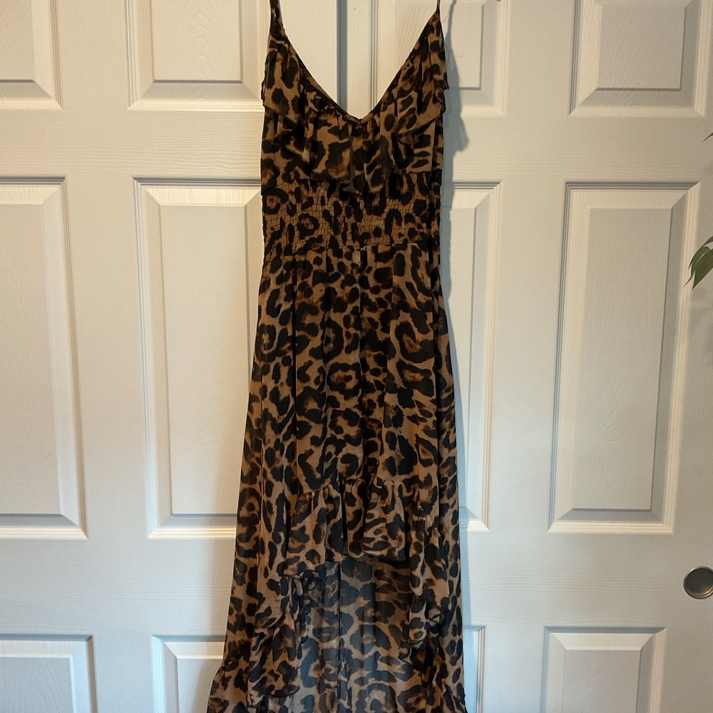 Love Haight Ruffle Leopard Print Brown Maxi Slip Dress High Low Summer sz L